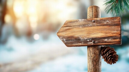 Naklejka premium Blank Wooden Signpost Winter Landscape Background Snowy Forest