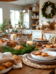 A warm and rustic farmhouse Christmas kitchen, with cookies baking, a wreath on the wall, and festive table settings.