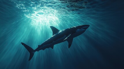 Naklejka premium Majestic Shark Swimming Gracefully Underwater with Sunlight Filtering Through the Waves, Capturing the Beauty of Marine Life in Clear Ocean Waters