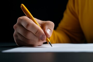 A moody depiction of a businessman signing a mysterious contract in a dimly lit room, with dramatic lighting and dark undertones