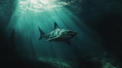 Fototapeta premium Majestic Underwater Scene Featuring a Powerful Shark Gliding Gracefully Through Sunlit Ocean Waters Surrounded by Marine Life