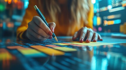 Obraz premium Woman's hand writing on sticky notes with a pen, while working on a project.