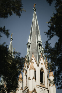 gothic style cathedral spires in Savannah, Georgia