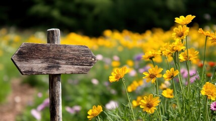 Blank Wooden Signpost in Vibrant Flower Garden