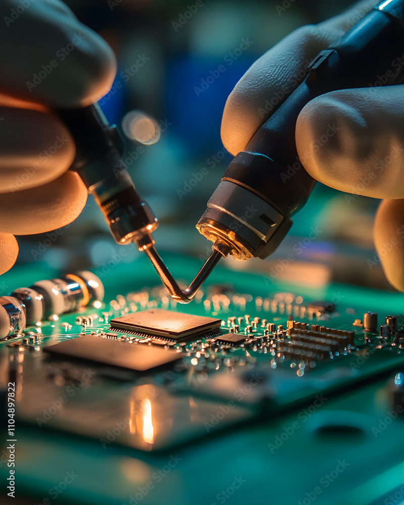 Aufkleber close-up of hands using tools on a circuit board for electronics repair or assembly.