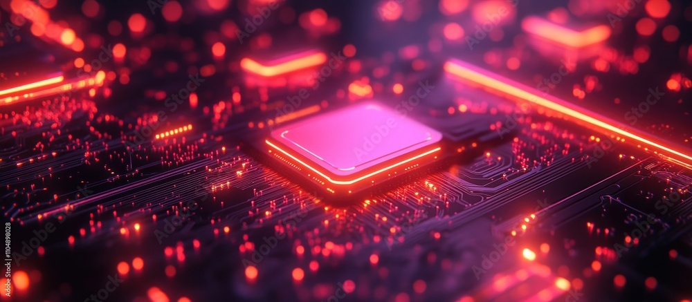 Poster a close-up of a glowing red circuit board with a chip in the center, surrounded by red lights.