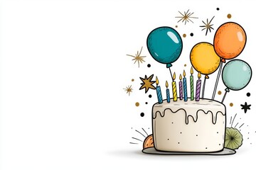 A playful 2D illustration of a birthday cake with candles, drawn in bold lines and bright colors on a white background