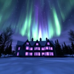 Illuminated house under vibrant aurora borealis.