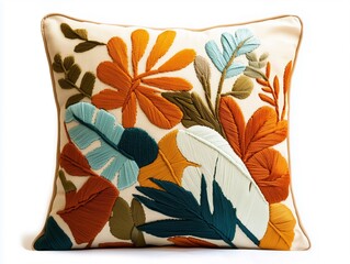 A colorful decorative pillow featuring floral embroidery in warm tones, ideal for enhancing home decor with a touch of nature-inspired elegance.