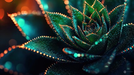 Obraz premium A close-up image of a succulent plant with vibrant colors and glistening droplets, showcasing intricate details and a captivating aesthetic.