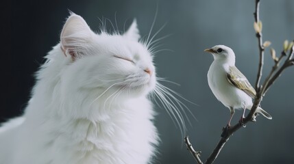 Fototapeta premium Tranquil White Cat and Bird on Branch Harmony in Nature