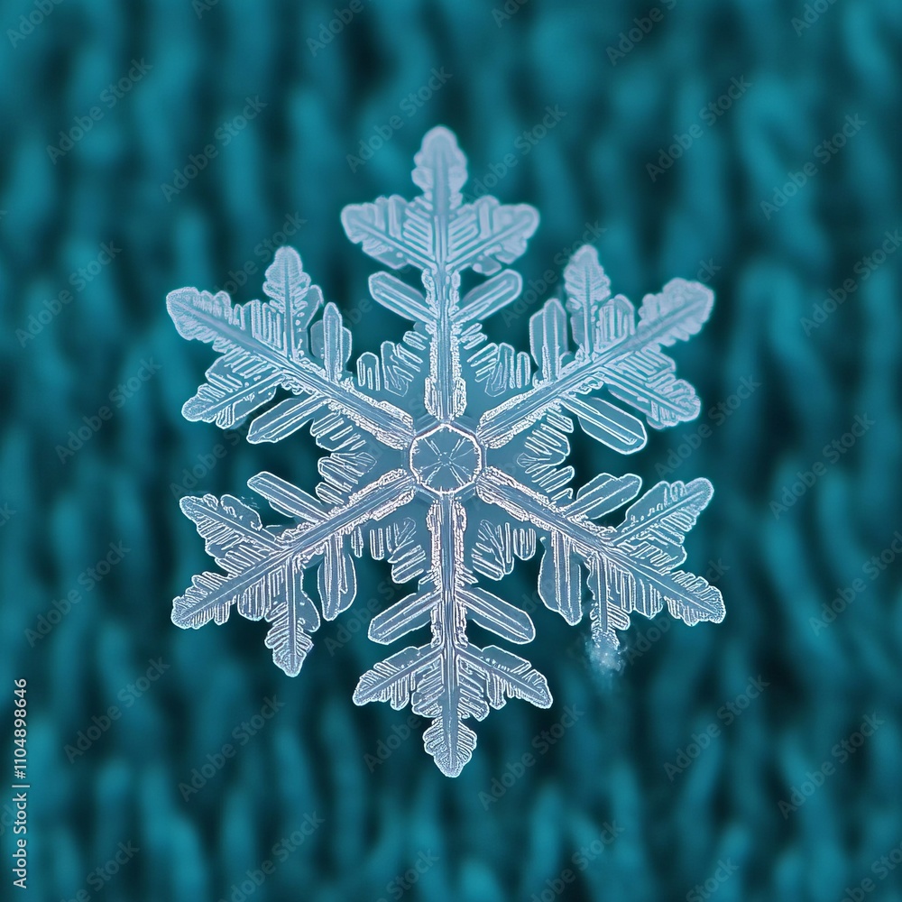 Poster intricate snowflake crystal macro shot on teal background.