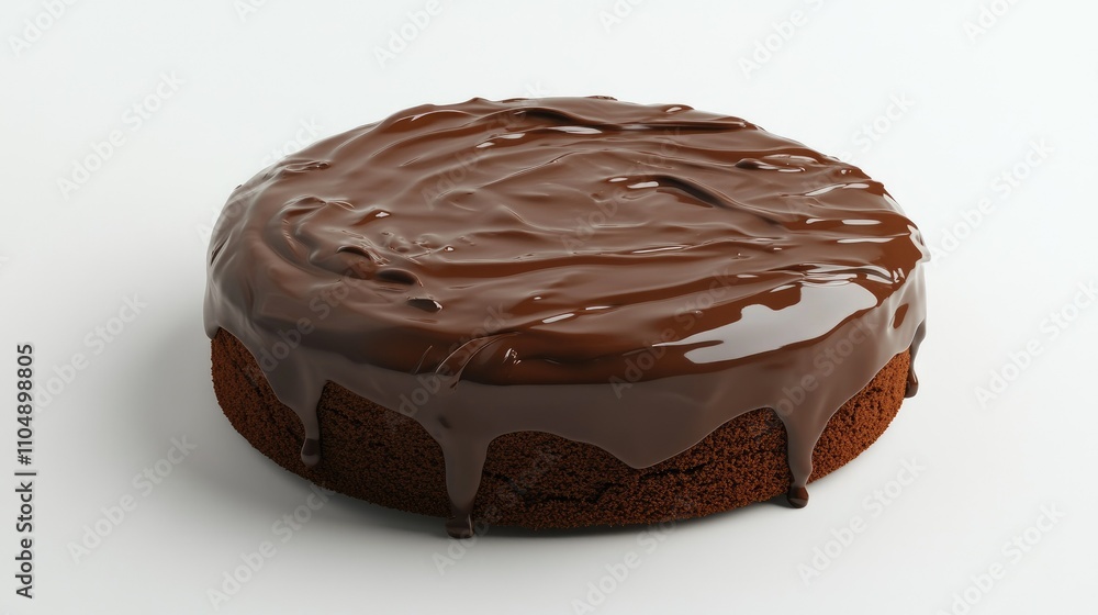 Poster 3d rendering of a whole round chocolate cake with rich chocolate frosting, smudges of liquid chocola