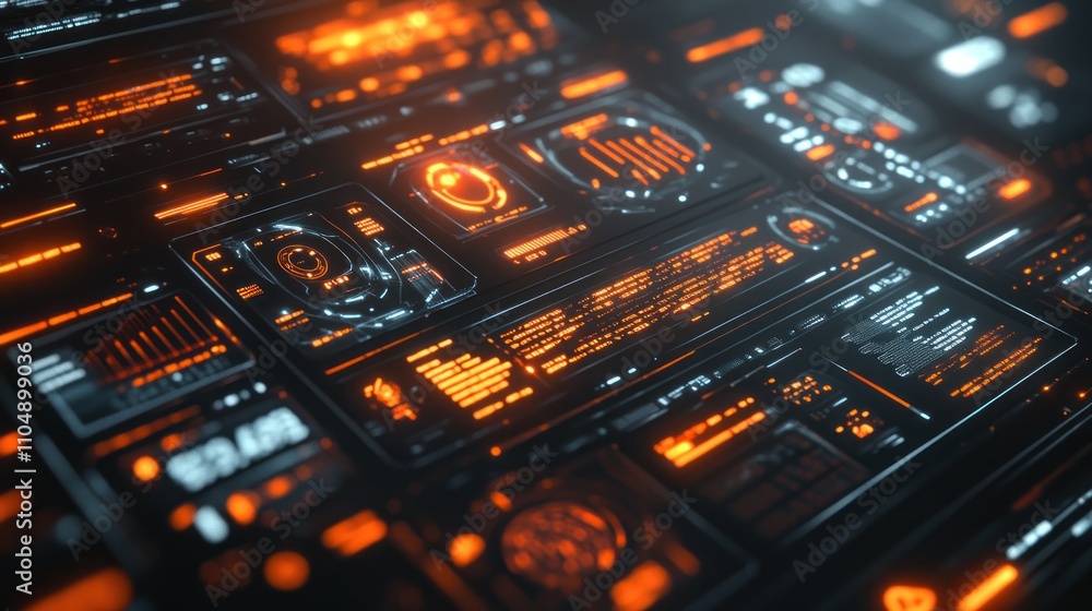 Poster futuristic digital interface with glowing orange and blue lines and data on a dark background.