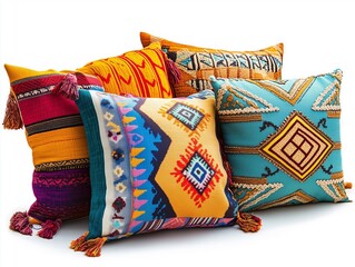 A vibrant assortment of decorative pillows featuring intricate patterns and tassels, perfect for adding color and style to any living space.