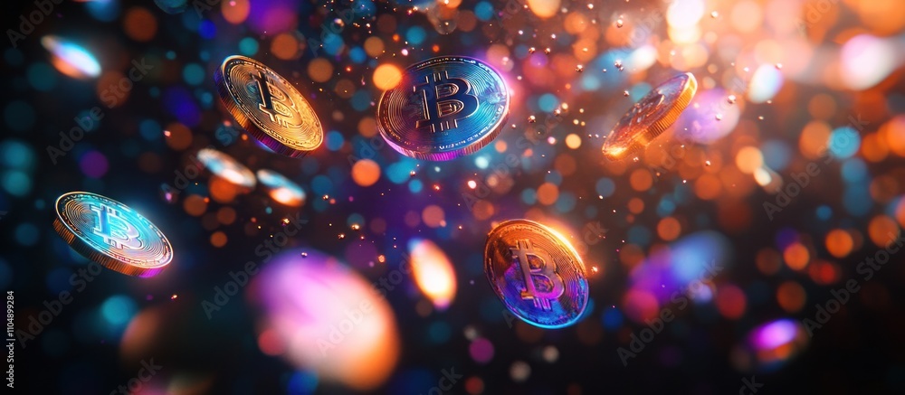 Poster shiny golden bitcoins falling against a dark background with bokeh effect.