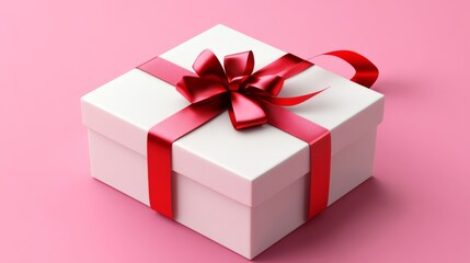 Fototapeta premium Festive new year background featuring a white 3d gift box with a vibrant red ribbon and bow, set against a soft pink backdrop, perfect for holiday celebrations, seasonal greeting designs, and festive 