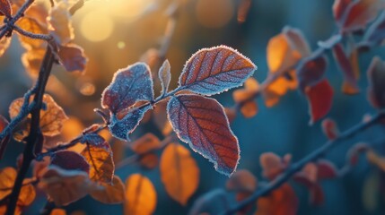 Frost-Kissed Autumn Leaves at Sunrise: A Symphony of Orange and Teal