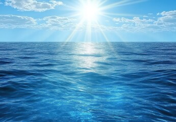 Fototapeta premium Serene Ocean Horizon Under Bright Sunlight with Sparkling Water and Gentle Waves, Ideal for Tranquil Seascapes, Travel Projects, and Nature Themes