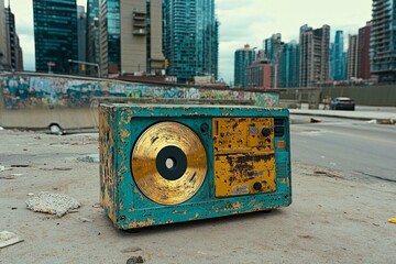 A scratched CD next to an old school boombox, evoking a nostalgic 90s vibe