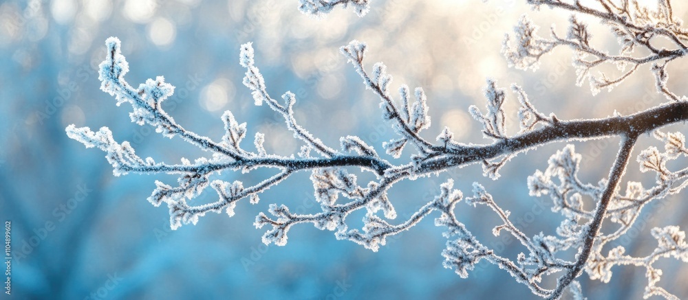 Aufkleber close-up of a frost-covered branch with a soft, blurred background.