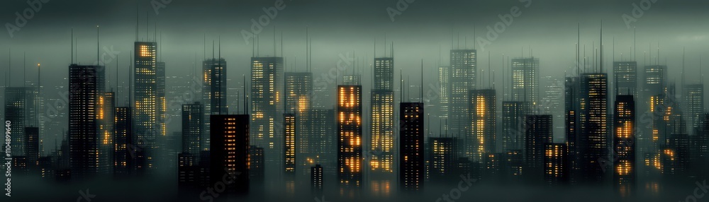 Aufkleber A Moody Urban Skyline at Dusk with Shimmering Lights and Enigmatic Fog Hovering Over Skyscrapers in a Futuristic Cityscape