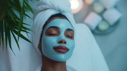 Young dark-skinned woman with cosmetological blue mask on her face and closed eyes lays in the spa in white robe for beauty procedures