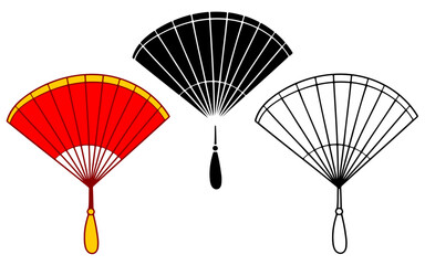 Hand fan simple icon set. Flat style, red and black shapes isolated on a white background. Design elements for gifts, greeting cards, web, digital, print