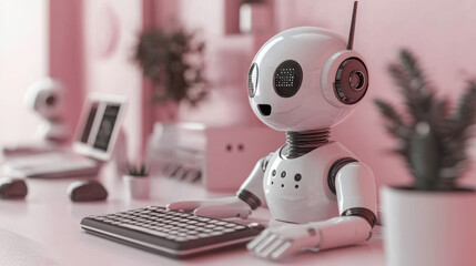 Fototapeta premium friendly robot sits at desk, engaging with keyboard in modern workspace. pink background adds warm, inviting atmosphere, perfect for tech innovation