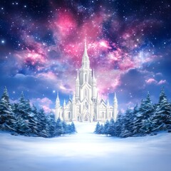 Magical winter castle scene under a vibrant starry sky.