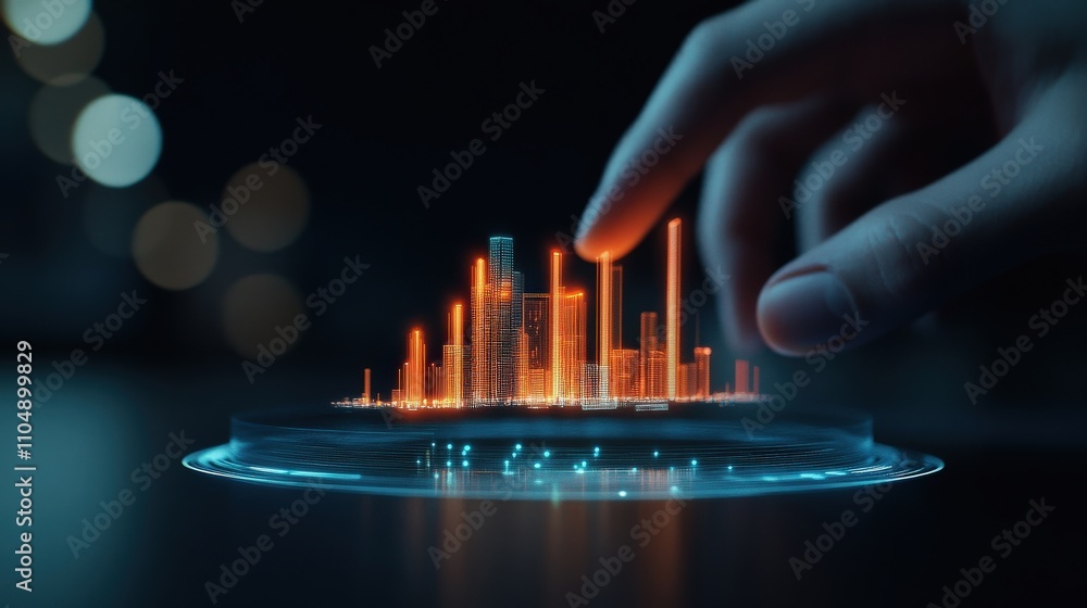 Poster futuristic visualization of a 3d cityscape with neon lights and holographic projections being manipu