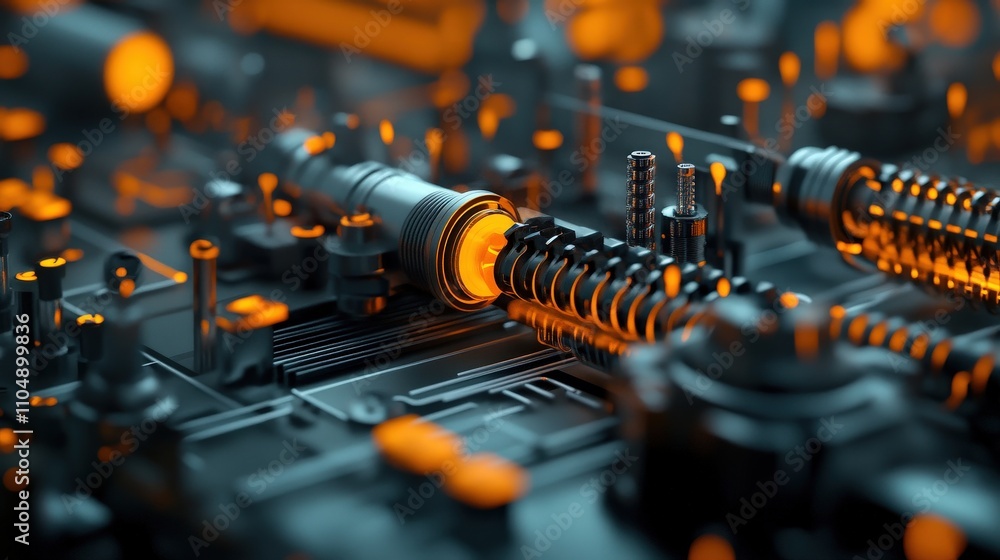 Poster Abstract depiction of intricate engineering components illuminated by vibrant orange light against a dark background, emphasizing technology and innovation in modern machinery.