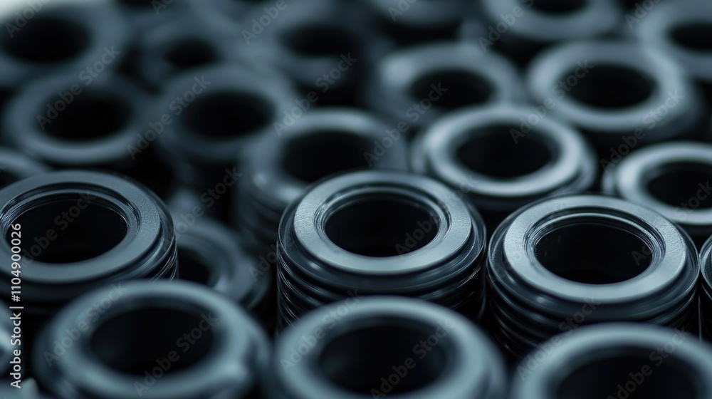 Poster a detailed shot of multiple rubber gaskets in an auto parts store, showcasing these vital black comp