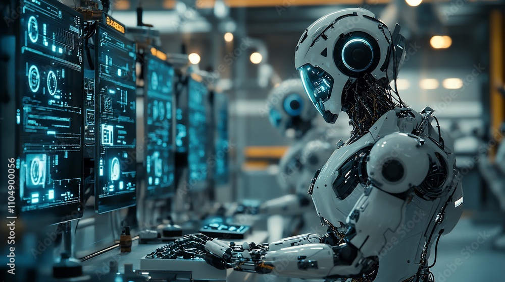 Poster Advanced robots operating computer systems in a futuristic factory.