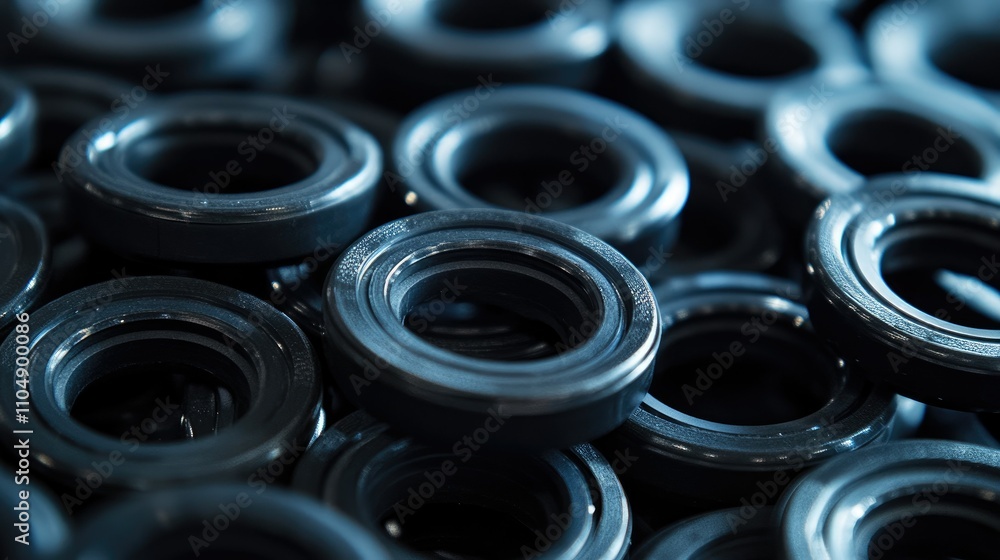 Poster a detailed shot of multiple rubber gaskets in an auto parts store, showcasing these vital black comp
