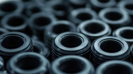 A detailed shot of multiple rubber gaskets in an auto parts store, showcasing these vital black components used in machinery and automotive systems.