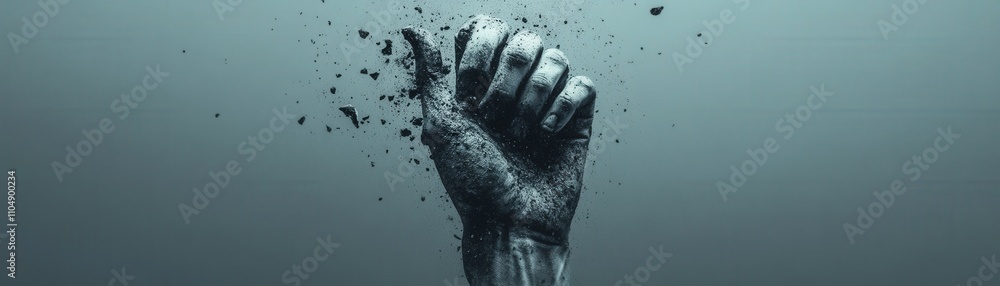 Poster a powerful fist breaking through ground and symbolizing resilience, strength, and determination amid