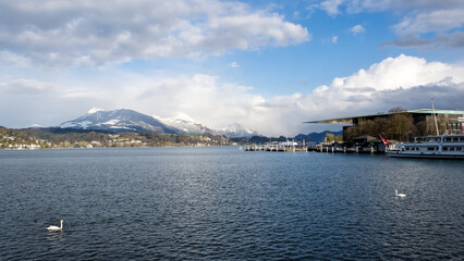 Charming view of Lake Lucerne from Lucerne, Switzerland, on a sunny spring day.