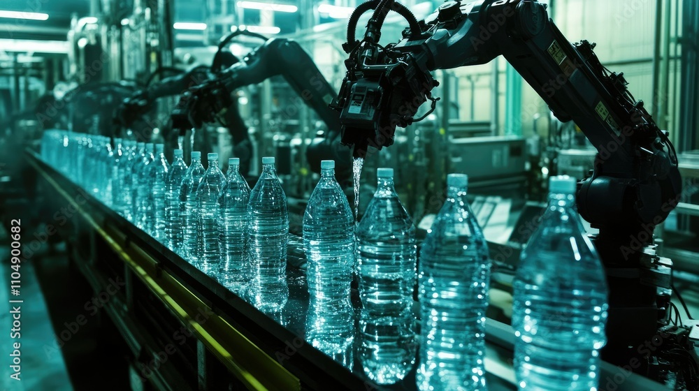Poster a factory production line with water being poured into plastic bottles, robotic arms and machinery e