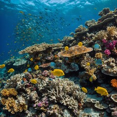 Fototapeta premium A vibrant coral reef teeming with colorful fish and sea turtles.