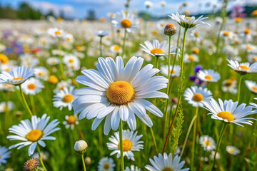 Fototapeta premium Vibrant field of daisies in full bloom under a sunny sky. (2)