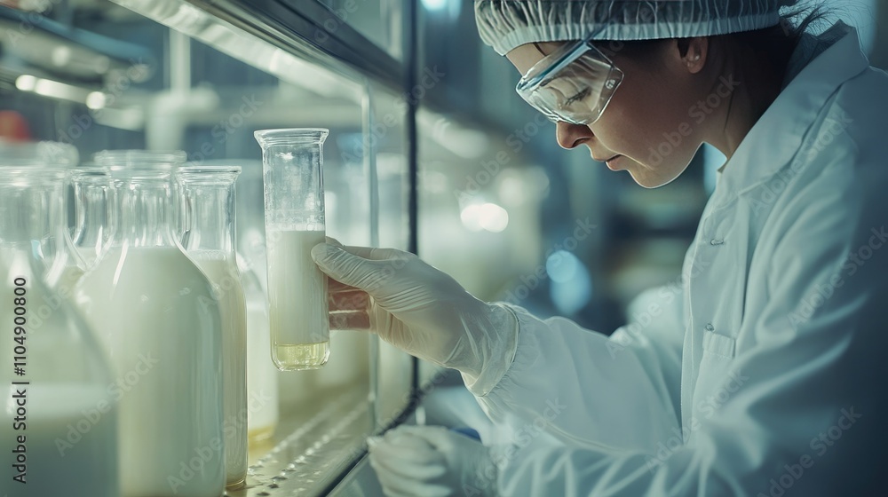 Poster a food scientist at a dairy factory testing milk samples, ensuring the quality and purity of dairy p
