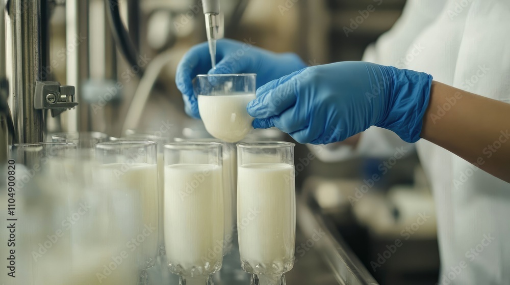 Aufkleber a food scientist in blue gloves testing milk samples in a laboratory, analyzing dairy quality in a f