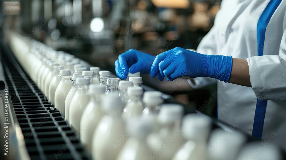 Poster a food scientist in blue gloves testing milk samples in a laboratory, conducting quality control at 