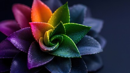 A vibrant, rainbow-colored succulent flower with intricate layers, set against a dark background, showcasing its natural beauty and unique design.