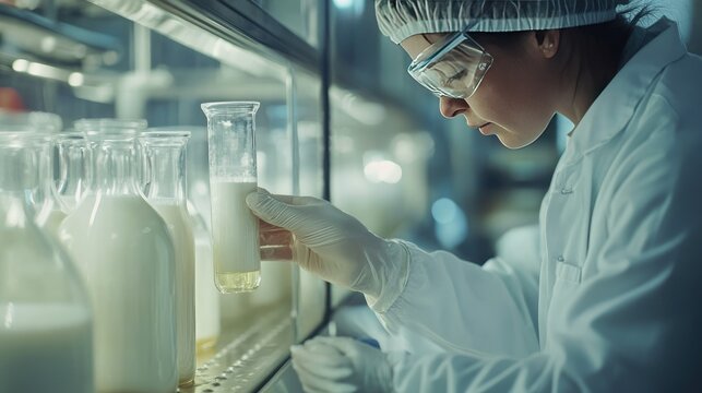 A food scientist at a dairy factory testing milk samples, ensuring the quality and purity of dairy products.