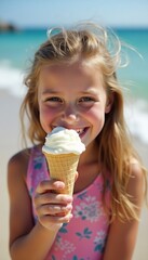 Young girl savoring an ice cream cone, beaming at the camera with the ocean waves in the background.