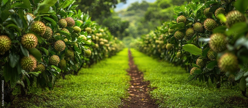 Poster a path through a lush green orchard with rows of fruit trees.