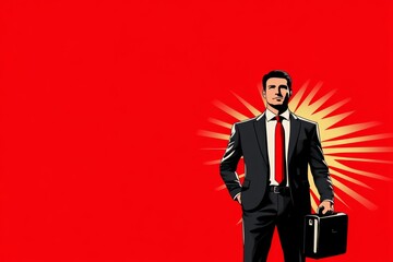 A vintage-style poster of a businessman in a classic suit, holding a briefcase, with bold typography and retro colors
