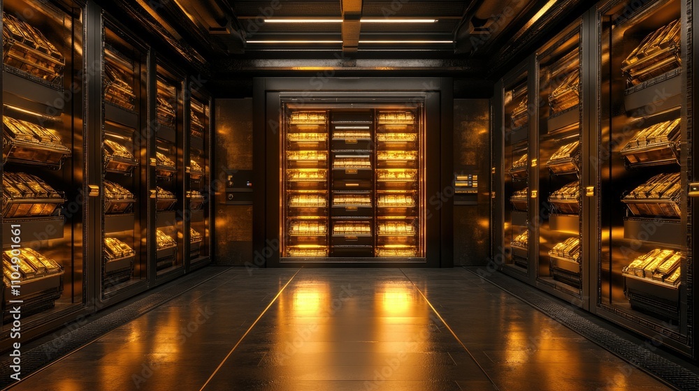 Poster a luxurious bank vault with rows of golden ingots inside open safe deposit lockers, highlighting hig